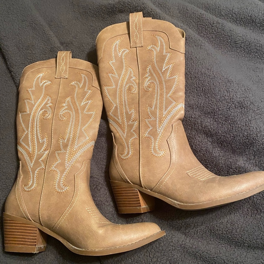 Stylish Tan Embroidered Heeled Boots